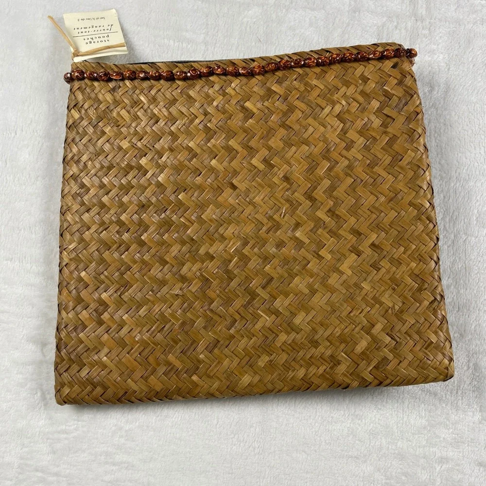Pier 1 Imports Woven Straw Storage Pouches Set of 3 Brown Beaded Zipper NEW